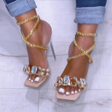 Amozae- Noble Gold Chain Large Crystal High Heel Sandals