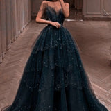 Amozae-Cyber Monday Christmas party outfits Elegant Ball Gown Straps Long Tulle Blue Prom Dress B492