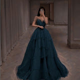 Amozae-Cyber Monday Christmas party outfits Elegant Ball Gown Straps Long Tulle Blue Prom Dress B492