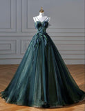 Amozae-Cyber Monday Christmas party outfits Elegant A line Dark Green Tulle Long Prom Dress B498