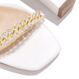 Amozae- Gold-Tone Chain Embellished Ankle Strap Chunky Heels