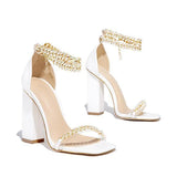 Amozae- Gold-Tone Chain Embellished Ankle Strap Chunky Heels