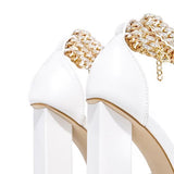 Amozae- Gold-Tone Chain Embellished Ankle Strap Chunky Heels