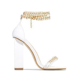 Amozae- Gold-Tone Chain Embellished Ankle Strap Chunky Heels