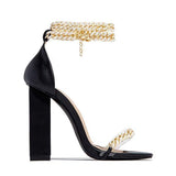 Amozae- Gold-Tone Chain Embellished Ankle Strap Chunky Heels