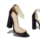 Amozae- Gold-Tone Chain Embellished Ankle Strap Chunky Heels