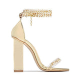 Amozae- Gold-Tone Chain Embellished Ankle Strap Chunky Heels