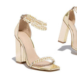 Amozae- Gold-Tone Chain Embellished Ankle Strap Chunky Heels