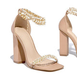 Amozae- Gold-Tone Chain Embellished Ankle Strap Chunky Heels