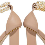 Amozae- Gold-Tone Chain Embellished Ankle Strap Chunky Heels