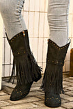 Amozae-Pointed Toe Studded Fringed Mid-Calf Boots