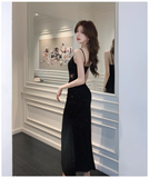 Amozae-dress to impress party dress nye outfits Black v-neck slit long dress YM1254