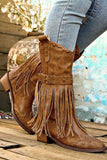 Amozae-Pointed Toe Studded Fringed Mid-Calf Boots