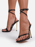 Amozae-Square Toe Ankle Strap Metallic Heels