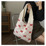 Amozae-Back To School Gifts Bow Print Coquette Knitted Tote Bag