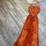 Amozae-Thanksgiving Cyber Monday Christmas Gorgeous Mermaid Halter Orange Long Tulle Prom Dresses Beads Evening Dress C2992