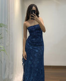 Amozae-Thanksgiving Cyber Monday Christmas Elegant Sheath Strapless Navy Blue Long Prom Dresses Evening Gowns C3020