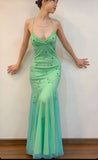 Amozae-Thanksgiving Cyber Monday Christmas Vintage Mermaid Spaghetti Straps 90s Green Prom Dresses Evening Gowns With Beads C3032