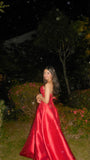 Amozae-Cyber Monday Christmas party outfits Modest Ball Gown Strapless Red Satin Long Prom Dresses Evening Dress C3050