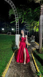 Amozae-Cyber Monday Christmas party outfits Modest A Line Sweetheart Red Satin Long Slit Prom Dresses Evening Dress C3053