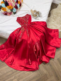 Amozae-Cyber Monday Christmas party outfits Modest A Line Strapless Sleeveless Red Satin Ruffles Beads Long Prom Dresses Evening Dress C3076