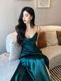 Amozae-Cyber Monday Christmas party outfits Mermaid Green Satin Long Prom Dresses Slit Evening Dress C3128