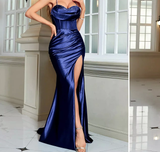 Amozae-Cyber Monday Christmas party outfits Pretty Mermaid Spaghetti Straps Royal Blue Satin Slit Long Party Dress Prom Dress C3135