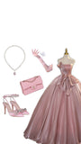 Amozae-Cyber Monday Christmas party outfits Elegant Ball Gown Strapless Pink Organza Long Prom Dresses Evening Dress C3141