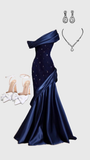 Amozae-Cyber Monday Christmas party outfits Pretty Mermaid One Shoulder Navy Blue Satin Long Party Dress Prom Dresses C3144