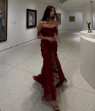 Amozae-Cyber Monday Christmas party outfits Burgundy Chiffon Slit Formal Evening Gown, Long Party Prom Dress C3160