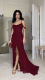 Amozae-Cyber Monday Christmas party outfits Burgundy Chiffon Slit Formal Evening Gown, Long Party Prom Dress C3160