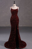 Amozae-Cyber Monday Christmas party outfits Elegant Mermaid Spaghetti Straps Burgundy Sequin Backless Long Prom Dresses Party Dress C3161