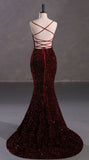 Amozae-Cyber Monday Christmas party outfits Elegant Mermaid Spaghetti Straps Burgundy Sequin Backless Long Prom Dresses Party Dress C3161