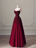 Amozae-Cyber Monday Christmas party outfits Elegant A Line Straps Burgundy Tulle Satin Long Prom Dresses Evening Dress C3163