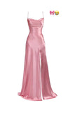 Amozae-Cyber Monday Christmas party outfits Simple Mermaid Pink Spaghetti Straps Long Prom Dress with Split C3164