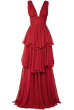 Amozae-Cyber Monday Christmas party outfits Elegant A Line V Neckline Chiffon Red Long Prom Dresses Evening Dress C3168