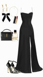 Amozae-Cyber Monday Christmas party outfits Elegant Mermaid Spaghetti Straps Black Slit Long Prom Dresses Party Dress C3170