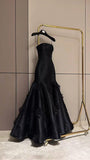 Amozae-Cyber Monday Christmas party outfits Classy Mermaid Strapless Sleeveless Satin Black Long Prom Dresses Evening Dress C3172