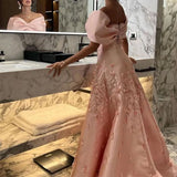 Amozae-Cyber Monday Christmas party outfits Elegant Mermaid Off The Shoulder Satin Pink Appliques Long Prom Dresses Party Dress C3188