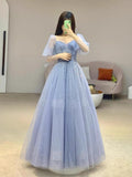 Amozae-Cyber Monday Christmas party outfits Chic Ball Gown Strapless Blue Tulle Long Prom Dresses With Beads Party Dress C3209