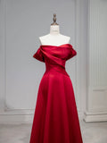 Amozae-Cyber Monday Christmas party outfits Elegant A line Off The Shoulder Red Satin Party Dress Prom Dresses Evening Dress C3212