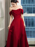 Amozae-Cyber Monday Christmas party outfits Elegant A line Off The Shoulder Red Satin Party Dress Prom Dresses Evening Dress C3212