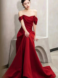 Amozae-Cyber Monday Christmas party outfits Elegant A line Off The Shoulder Red Satin Party Dress Prom Dresses Evening Dress C3212