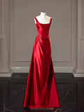 Amozae-Cyber Monday Christmas party outfits Simple A-line Square Neckline Satin Red Long Evening Dress Prom Dress C3218