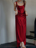 Amozae-Cyber Monday Christmas party outfits Simple A-line Square Neckline Satin Red Long Evening Dress Prom Dress C3218