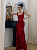 Amozae-Cyber Monday Christmas party outfits Simple A-line Square Neckline Satin Red Long Evening Dress Prom Dress C3218