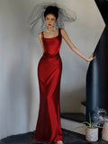 Amozae-Cyber Monday Christmas party outfits Simple A-line Square Neckline Satin Red Long Evening Dress Prom Dress C3218