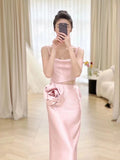 Amozae-Cyber Monday Christmas party outfits Simple A-line Spaghetti Straps Satin Pink Long Evening Dress Prom Dress C3221