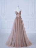 Amozae-Cyber Monday Christmas party outfits Elegant A-Line Spaghetti Straps Tulle Long Prom Dress Evening Dress C3226