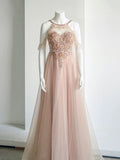 Amozae-Cyber Monday Christmas party outfits Elegant A-Line Jewel Neckline Tulle Long Prom Dress Evening Dress C3227